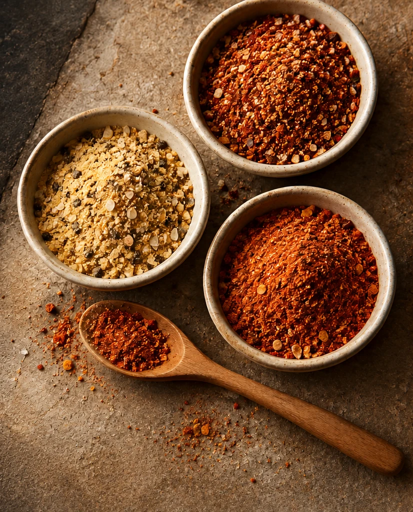 Three ceramic bowls of colorful seasoning mixes with a wooden spoon on rustic stone.